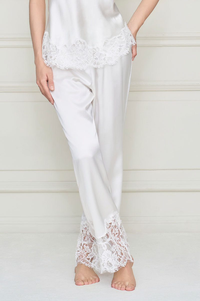 White silk lace flapper women's pajama set by MANITO, featuring elegant lace details and comfortable pajama design.