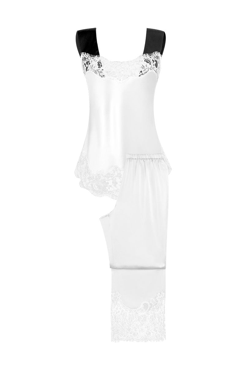 White silk lace women's pajama set by MANITO featuring a flapper style design, with a comfortable, elegant fit and intricate lace details.