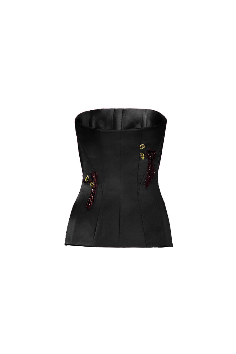 Black flare corset top by YASSMIN SALEH, featuring a fitted design and stylish flare details on the back.
