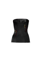 Black flare corset top by YASSMIN SALEH featuring a fitted silhouette and ghost back design.