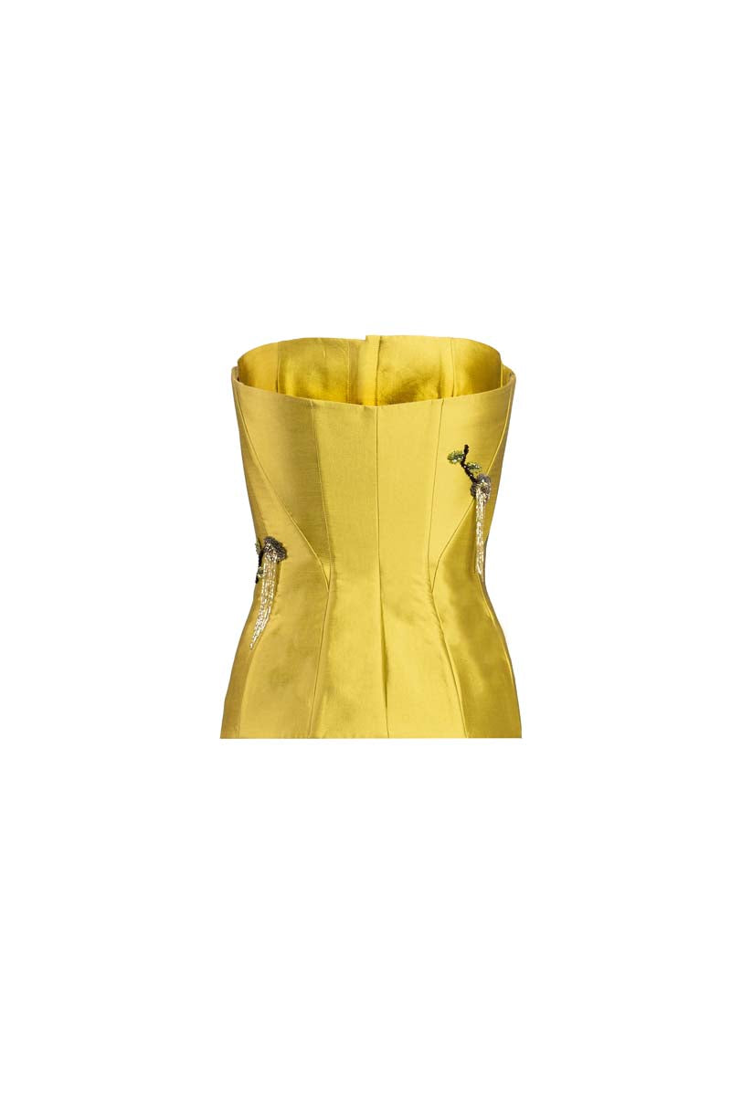 Green flare corset top by Yassmin Saleh featuring a fitted design and ghost-back detail, perfect for stylish outfits.