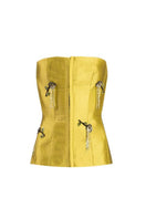 Green flare corset top by YASSMIN SALEH, front view showing fitted style and fashionable flare design.