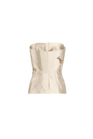 White flare corset top by YASSMIN SALEH with structured fit, shown from the back with a ghostly lighting effect.