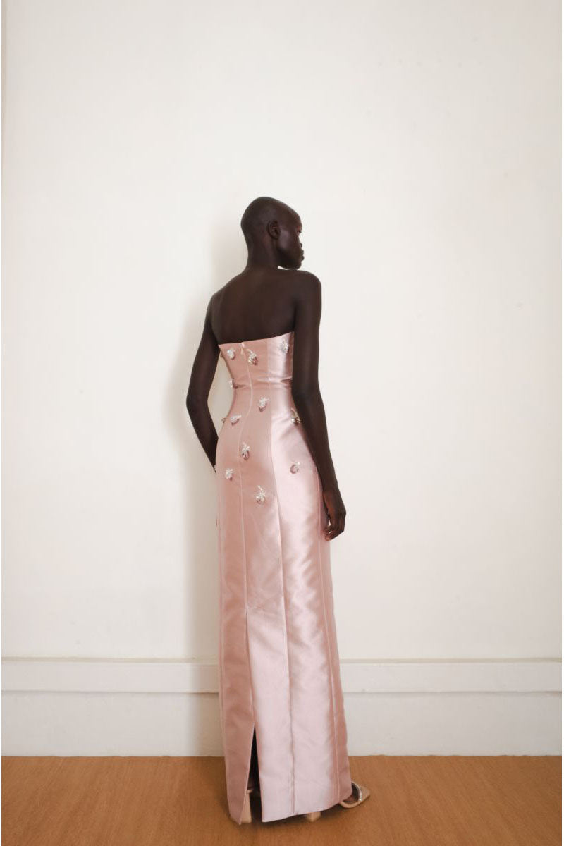 Pink Flicker Gown by Yassmin Saleh, back view showing flowing fabric and elegant design details.