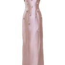 Pink Flicker gown by Yassmin Saleh featuring a ghostly front design, elegant long sleeves, and flowing fabric for formal occasions.