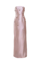 Pink Flicker gown by Yassmin Saleh featuring a ghostly front design, elegant long sleeves, and flowing fabric for formal occasions.