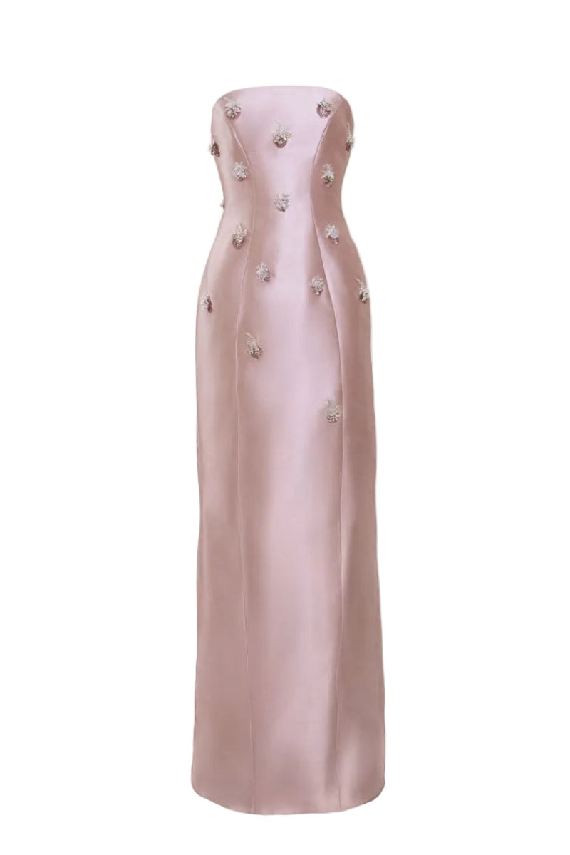 Pink Flicker gown by Yassmin Saleh featuring a ghostly front design, elegant long sleeves, and flowing fabric for formal occasions.