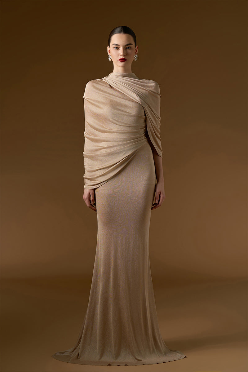 BONNIE SHIMMER JERSEY MAXI DRESS IN BEIGE | CULT MIA