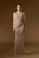 I.H.F Bonnie shimmer jersey gown in beige featuring a floor-length mermaid silhouette with cascading shoulder drape.