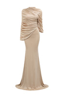 I.H.F Bonnie Shimmer Jersey Gown in beige, floor-length mermaid style with cascading shoulder drape, elegant evening dress