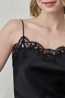 Black Flora Lace Silk Camisole Top by MANITO, featuring delicate lace details and a smooth silk fabric.