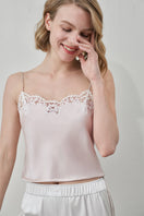 Pink silk camisole top with lace details from MANITO's Flora Lace collection, featuring a delicate and elegant design.