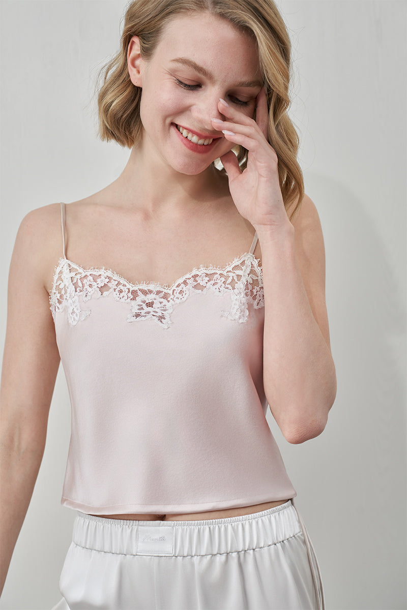 Pink silk camisole top with lace details from MANITO's Flora Lace collection, featuring a delicate and elegant design.