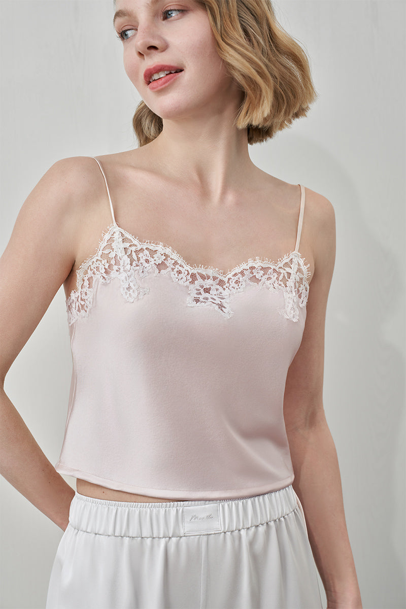 Pink silk camisole top with lace details from MANITO's Flora Lace collection, featuring a delicate and elegant design.
