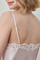 Pink Flora Lace Silk Camisole Top by MANITO, featuring delicate lace details and smooth silk fabric, shown on a neutral background.