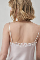 Pink silk camisole top with lace details from MANITO's Flora Lace collection, featuring a delicate, feminine design.