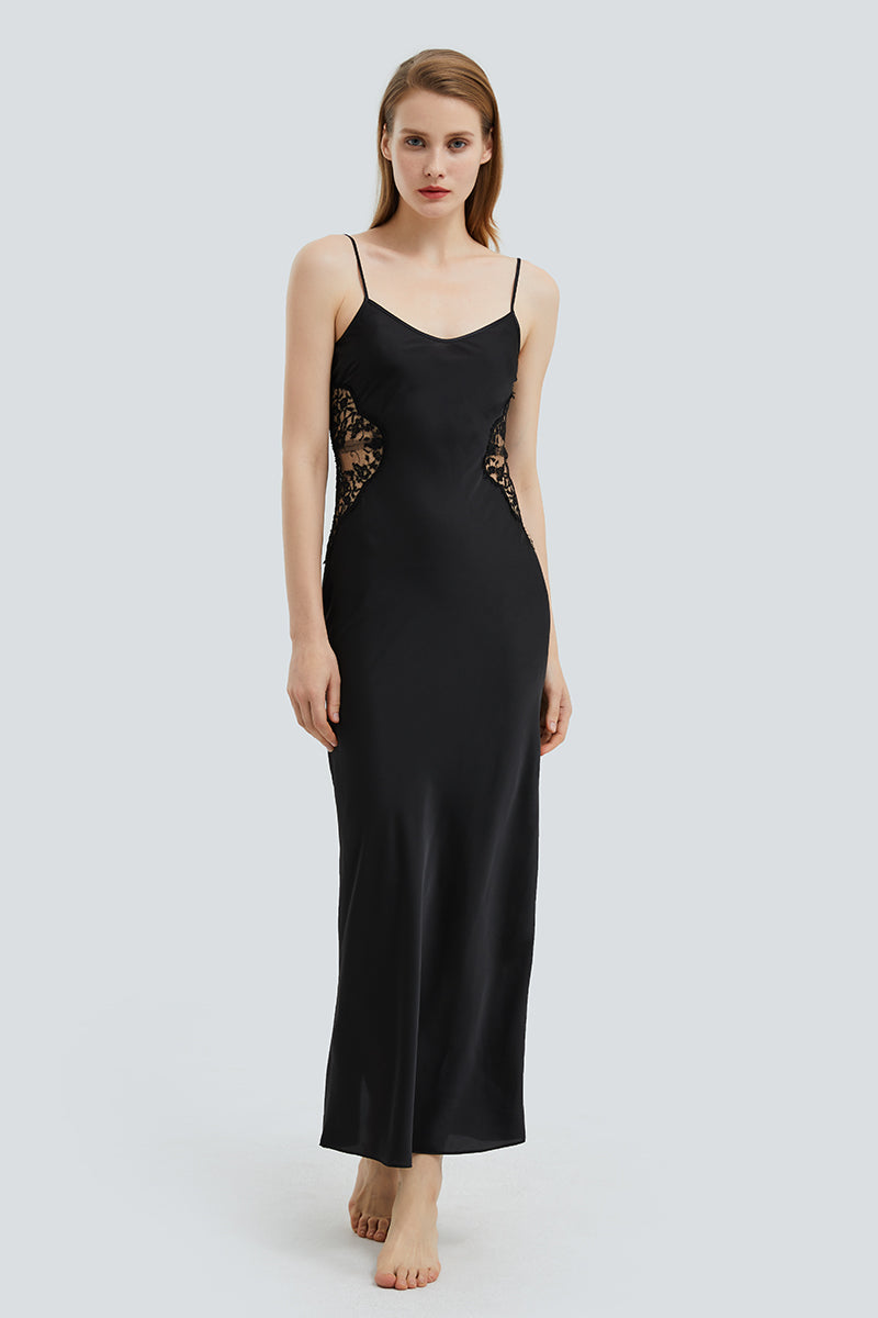 FLORA SILK SLIP LONG DRESS IN BLACK - CULT MIA