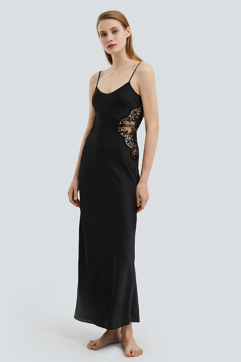 FLORA SILK SLIP LONG DRESS IN BLACK - CULT MIA