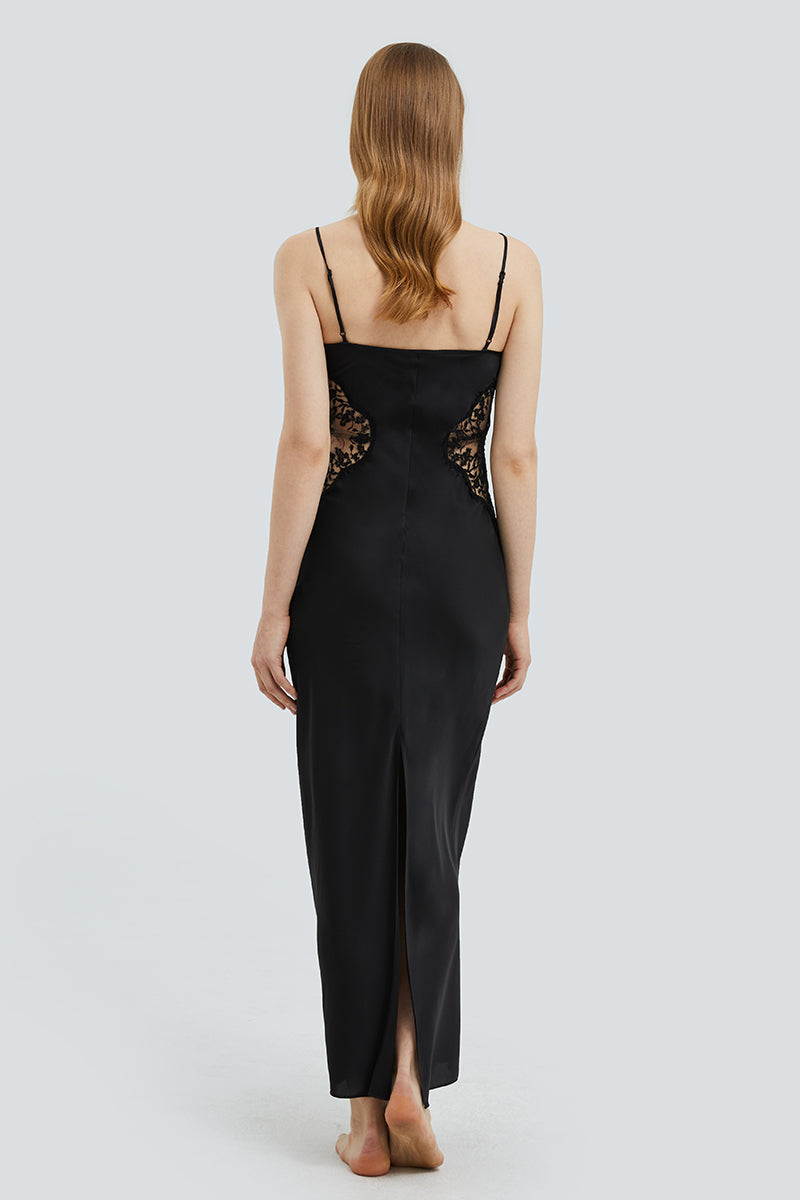 FLORA SILK SLIP LONG DRESS IN BLACK - CULT MIA