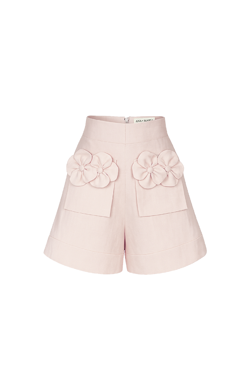 Ana + Maria floral shorts in Creole pink with a vibrant floral pattern, perfect for casual summer wear.