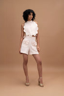 ANA + MARIA floral shorts in Creole pink with a vibrant floral pattern, perfect for casual summer wear.