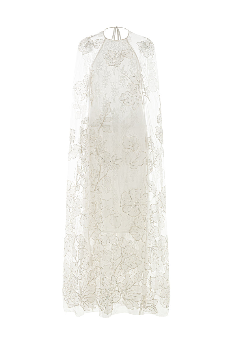 FLORAL BEAD EMBROIDERED CAPE DRESS IN WHITE