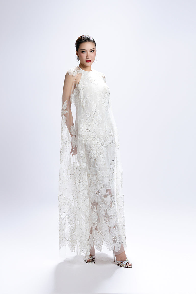 FLORAL BEAD EMBROIDERED CAPE DRESS IN WHITE