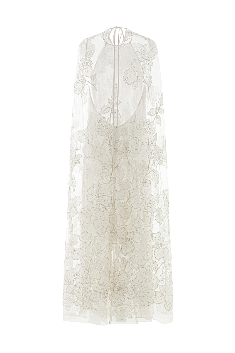 FLORAL BEAD EMBROIDERED CAPE DRESS IN WHITE | CULT MIA | Valenciani FLORAL BEAD EMBROIDERED CAPE DRESS IN WHITE | CULT MIA | Valenciani