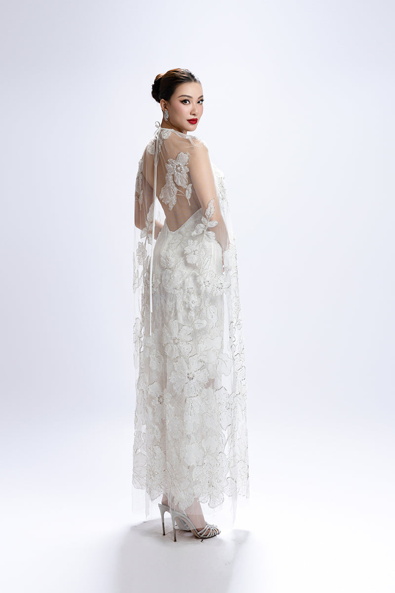 FLORAL BEAD EMBROIDERED CAPE DRESS IN WHITE | CULT MIA | Valenciani FLORAL BEAD EMBROIDERED CAPE DRESS IN WHITE | CULT MIA | Valenciani