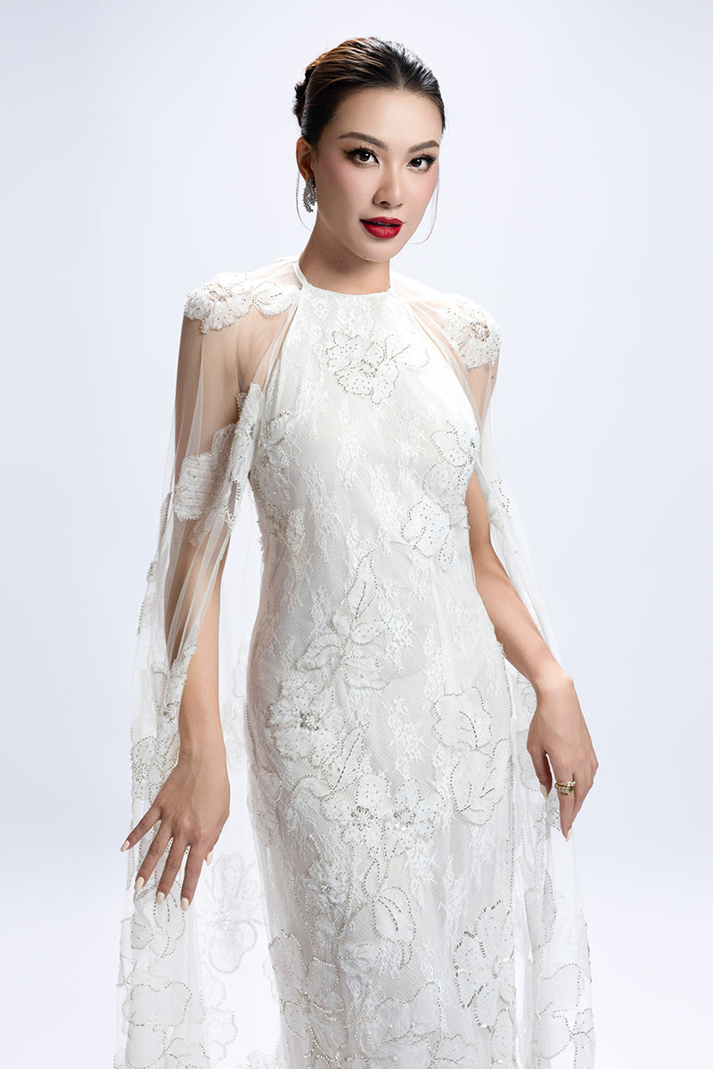 FLORAL BEAD EMBROIDERED CAPE DRESS IN WHITE | CULT MIA | Valenciani FLORAL BEAD EMBROIDERED CAPE DRESS IN WHITE | CULT MIA | Valenciani