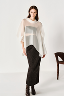 Light blue flowing draped shirt by Leica with soft fabric and relaxed fit, shown on a hanger against a plain background.