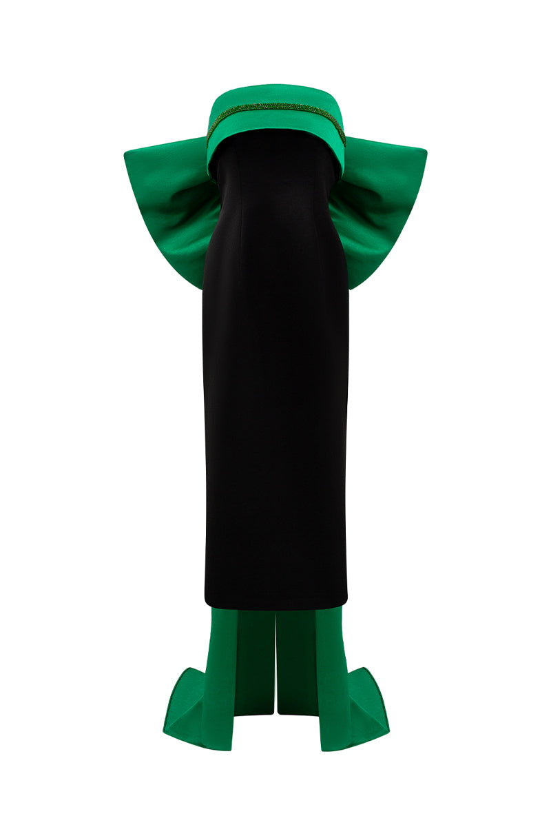 BUSTIER MIDI DRESS IN BLACK AND EMERALD