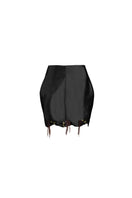 Black fold mini skirt by YASSMIN SALEH featuring a stylish fold design and ghost back detail.