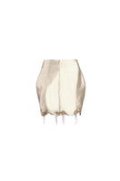 White YASSMIN SALEH fold mini skirt with a sleek, stylish design shown from the back. Perfect for casual or trendy outfits.