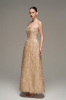 Beige lace bustier gown from I.H.F Studio, folded to showcase intricate guipure lace and elegant midi dress design.
