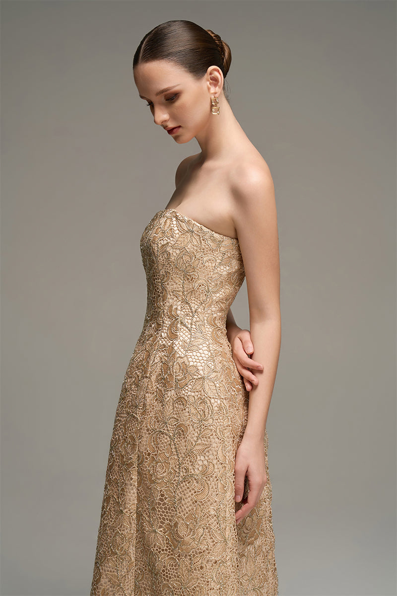 Beige lace bustier gown by I.H.F Studio, folded midi dress with intricate guipure lace details and elegant design.