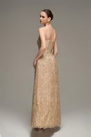 Beige lace bustier gown by I.H.F Studio, folded display showing intricate guipure lace details and elegant midi length.