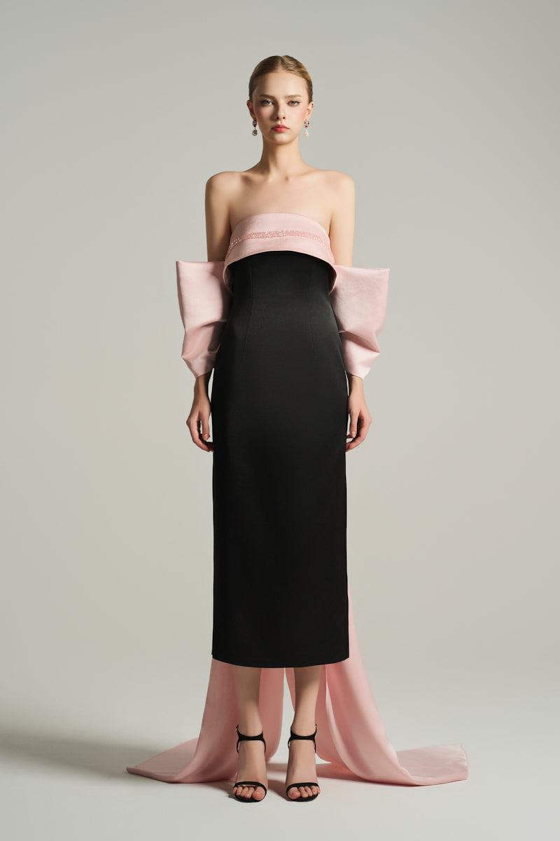 ROBE MIDI BUSTIER NOIRE ET ROSE CLAIR