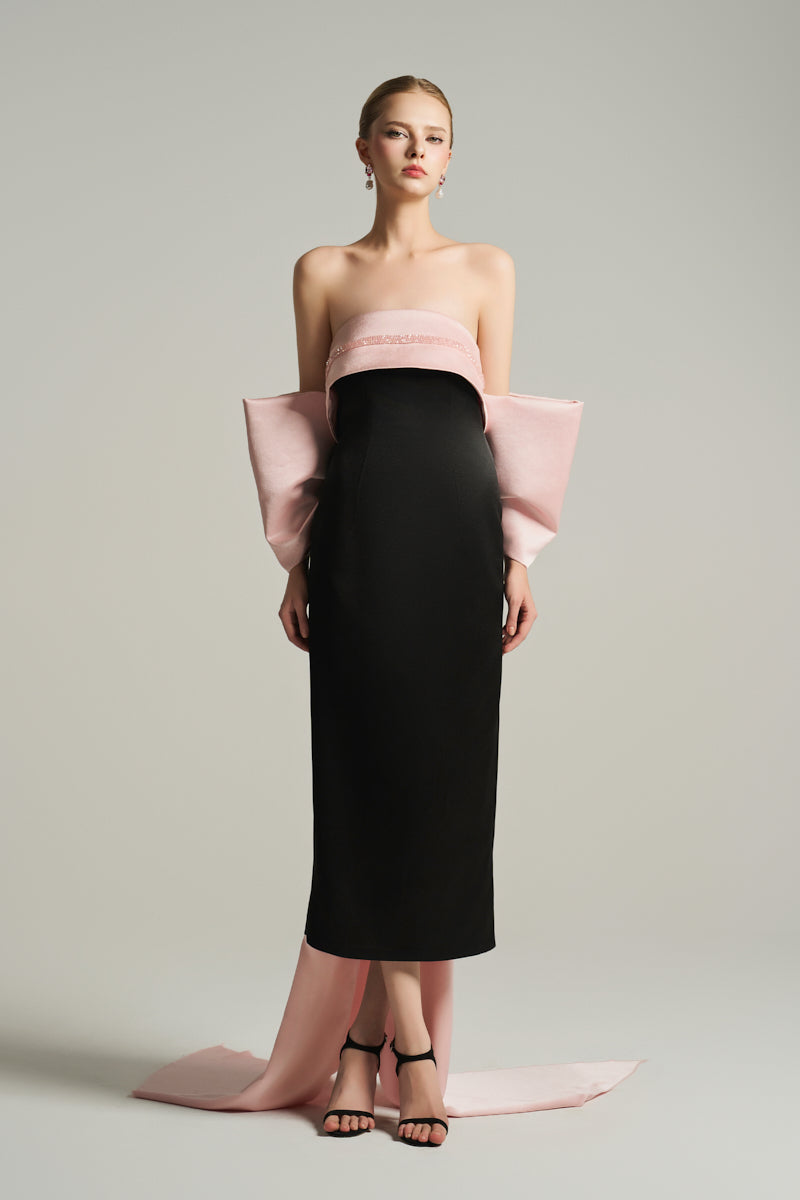 black and pink midi dress Cotina Midi Dress in Butterfly Vine Flock Black and Pink