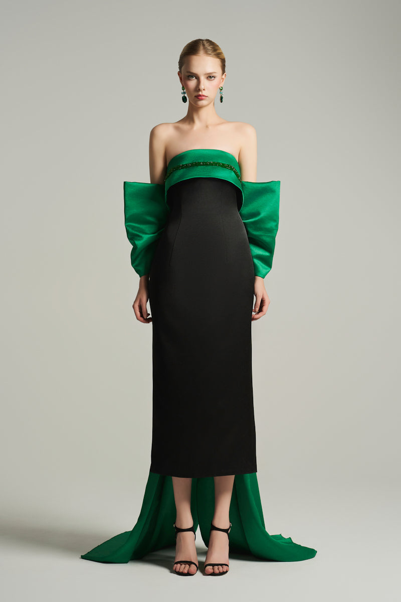 BUSTIER MIDI DRESS IN BLACK AND EMERALD