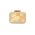 Beige clutch bag with intricate daisy embroidery by Sy&Vie, featuring elegant floral detailing and a sleek design.