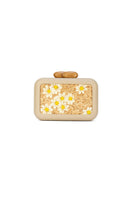Beige clutch bag with intricate daisy embroidery by Sy&Vie, featuring elegant floral detailing and a sleek design.