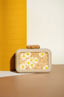 Beige Folhata Daisy embroidery clutch bag by Sy&Vie with floral embroidery and a sleek, compact design for elegant occasions.