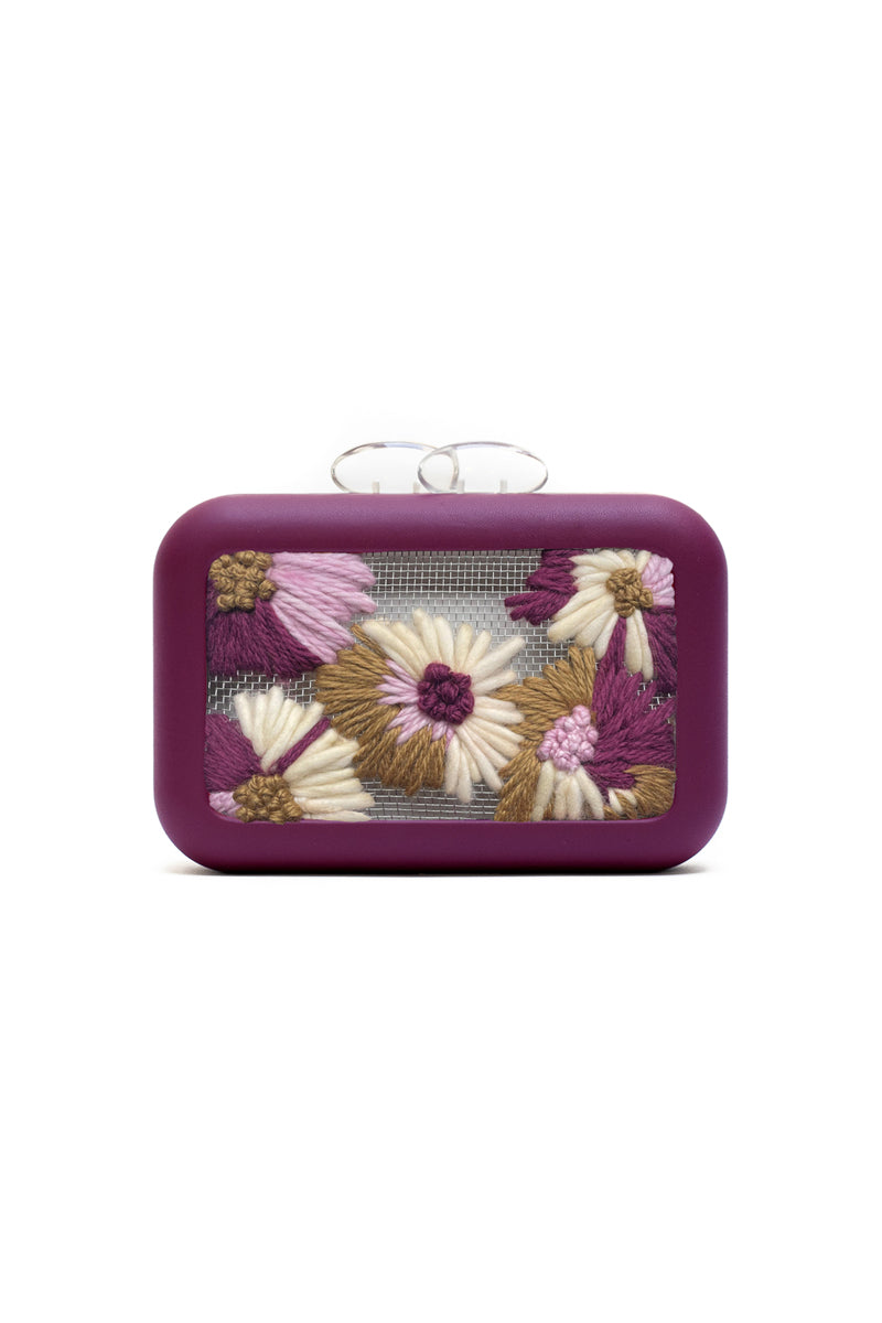 Sy&Vie Folhata Flora Grid Burgundy clutch bag with floral pattern and structured design, perfect for elegant occasions.