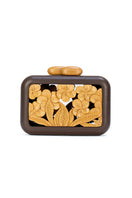 Brown acrylic clutch with hibiscus design from Sy&Vie, featuring a sleek, compact style ideal for evening or casual occasions.