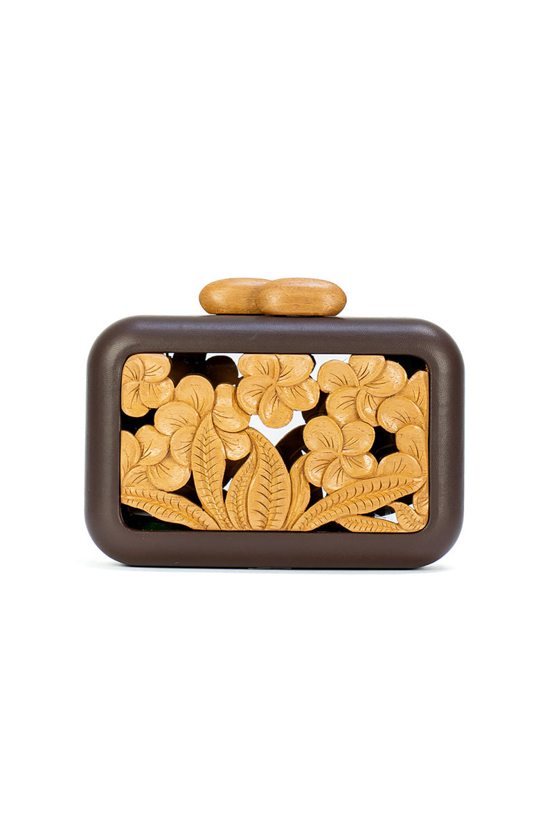 Brown acrylic clutch with hibiscus design from Sy&Vie, featuring a sleek, compact style ideal for evening or casual occasions.
