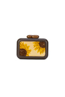 Brown clutch with sunflower embroidery from Sy&Vie, featuring a stylish design and compact size for everyday or evening use.