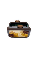 Brown clutch with sunflower embroidery by Sy&Vie, featuring detailed floral design and compact, stylish handbag for accessories.