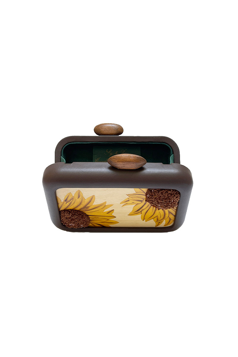 Brown clutch with sunflower embroidery by Sy&Vie, featuring detailed floral design and compact, stylish handbag for accessories.
