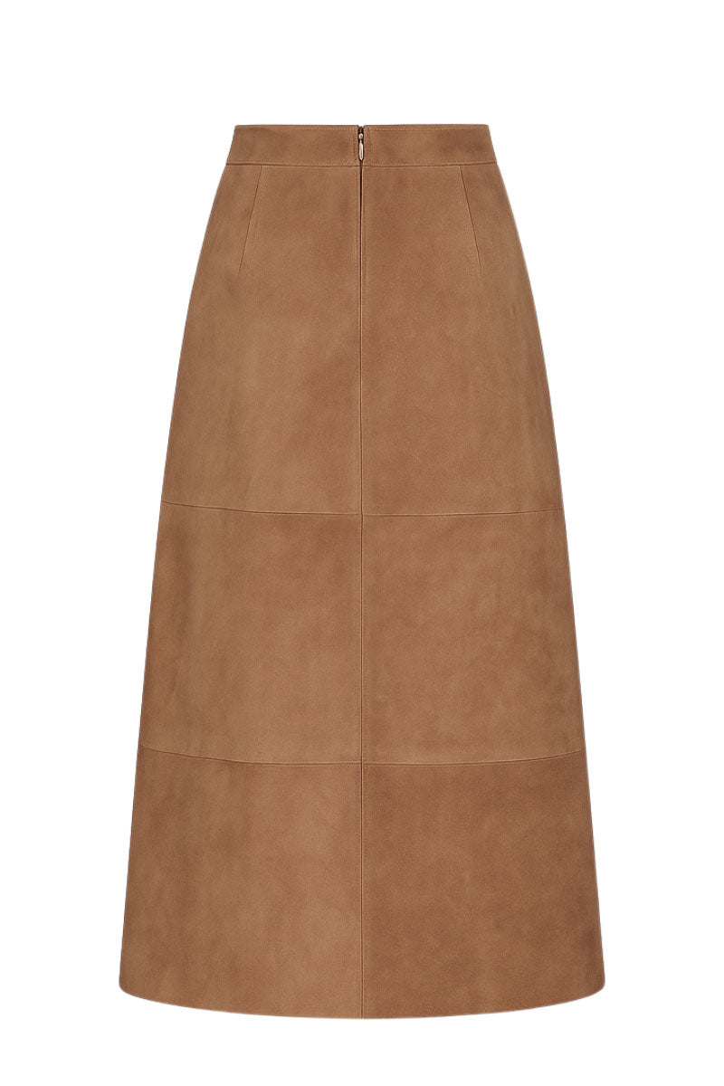 ZUT tan maxi skirt with flowy fabric and high waist, styled for casual or dressy occasions.